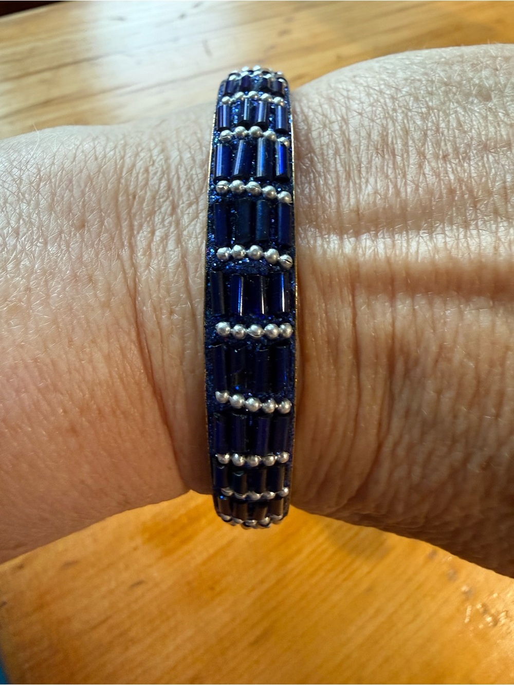 Blue and silver beaded bangle bracelet gold tone bracelet